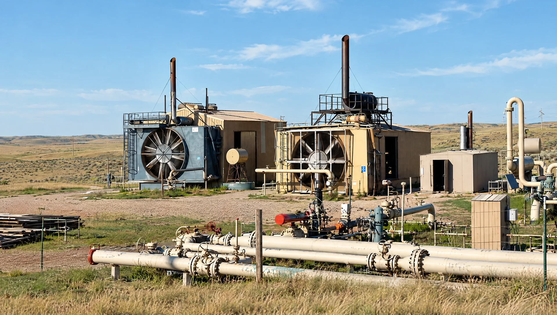 Illustrative natural gas compressor station with engine-driven compressor packages, coolers and scrubbers.