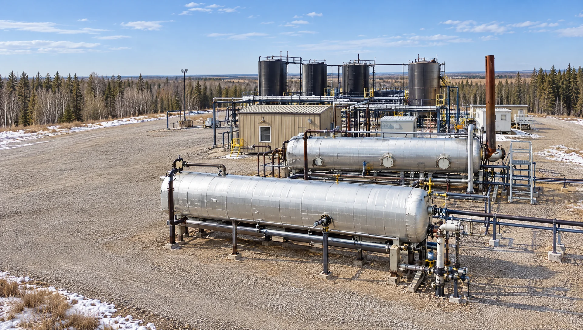 Illustrative oil battery with storage tanks, a separator and heater-treater building.