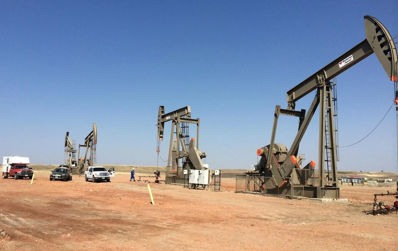 Pumpjacks and wellheads on a working well pad, from the supplied photograph.